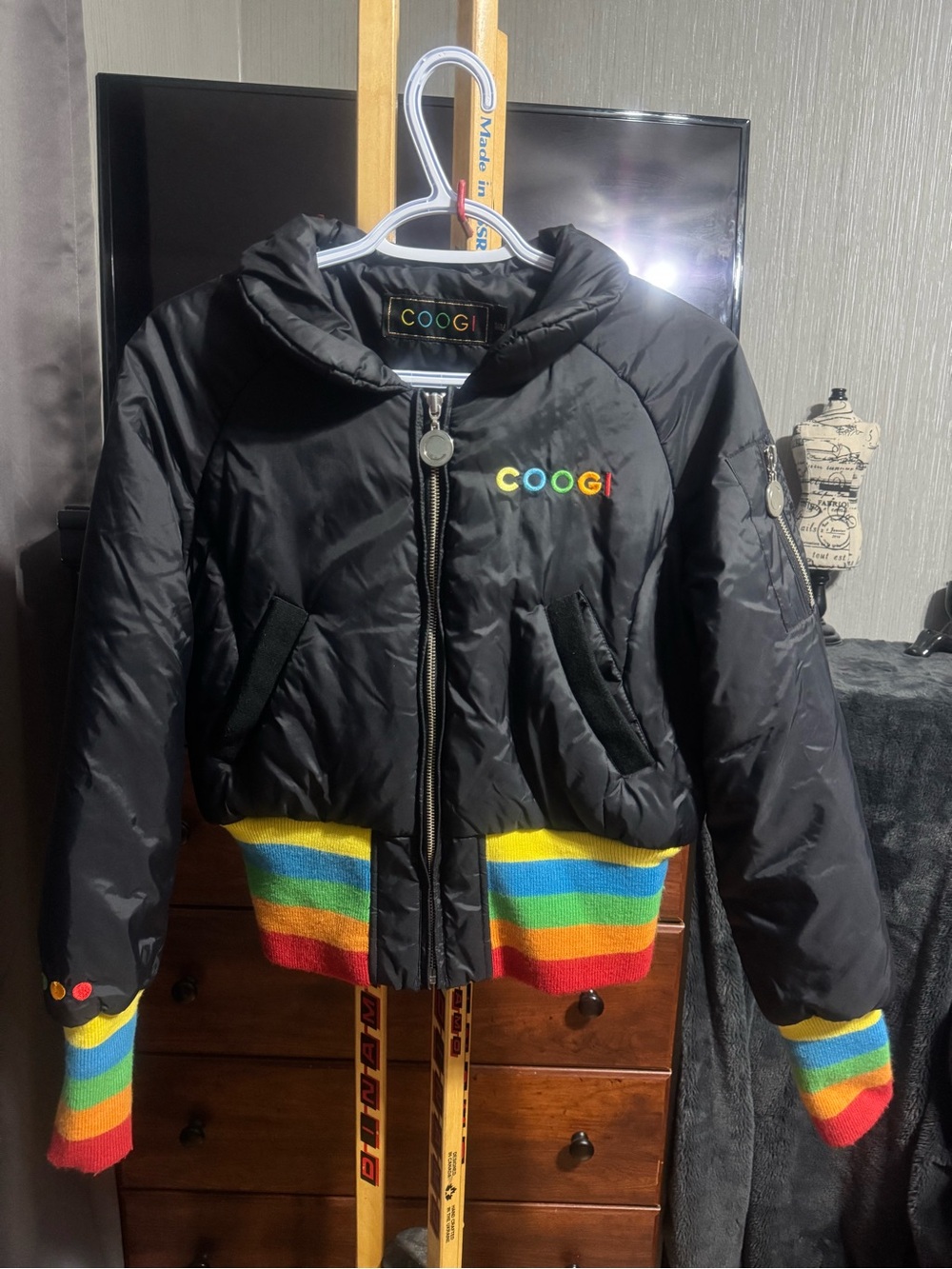 COOGI Y2K Black Puffer Jacket with Rainbow Trim1